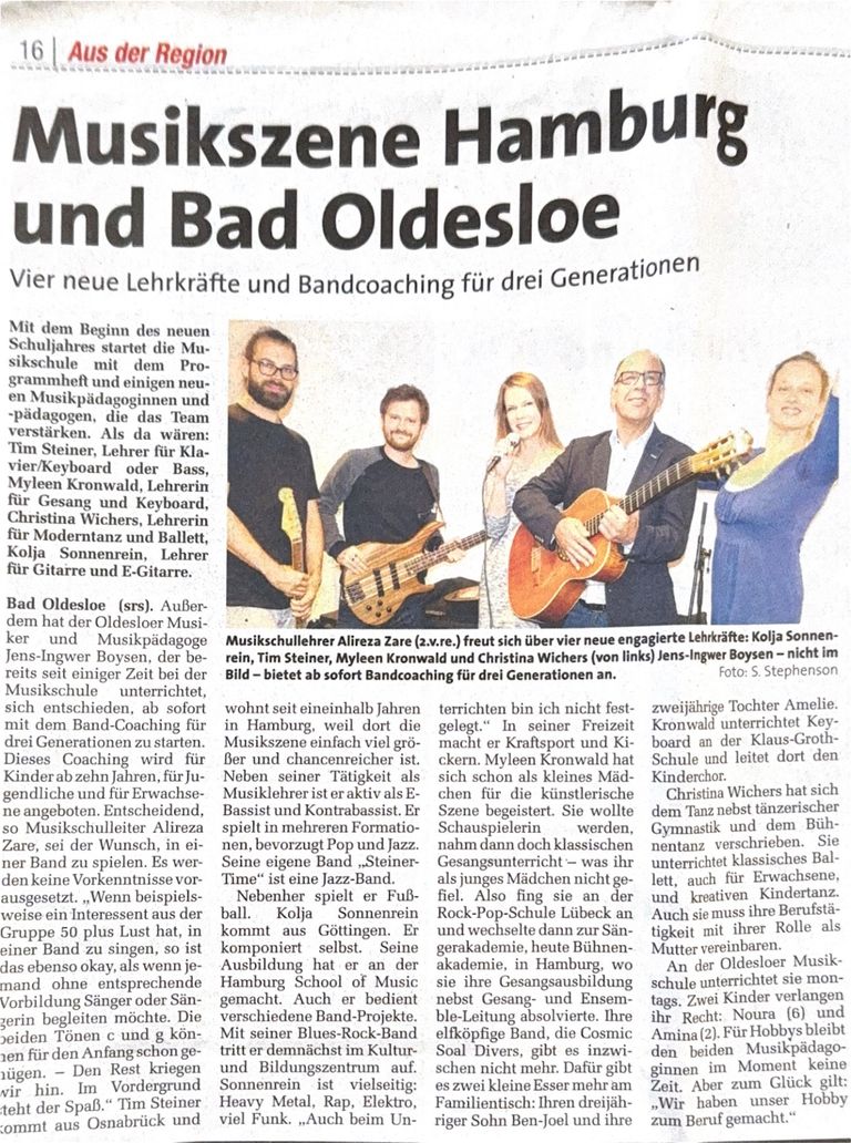 Neue Lehrkräfte der Oldesloer Musikschule, von links: Myleen Kronwald, Kolja Sonnenrein, Tim Steiner, Alireza Zare und Christina Wichers